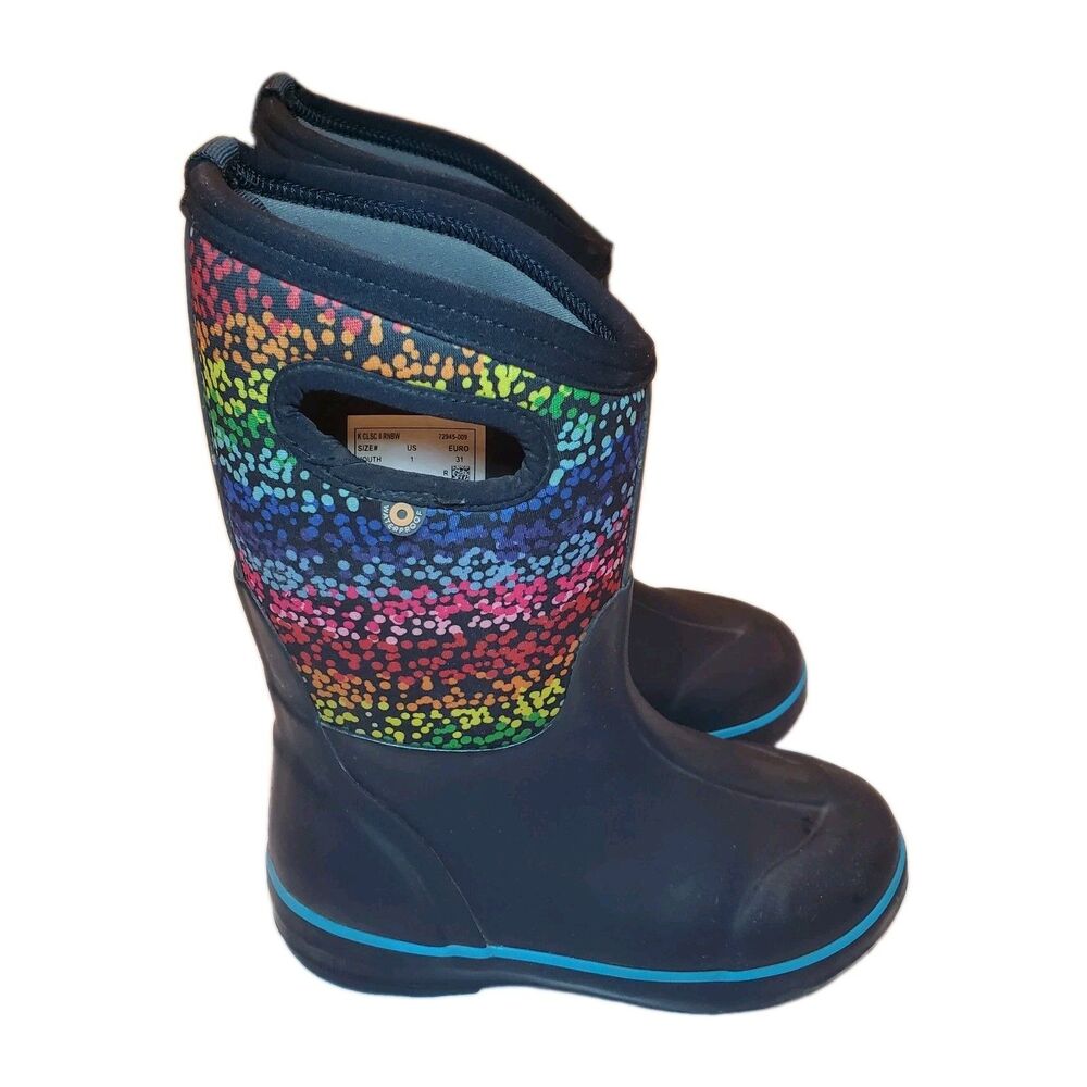 Bogs Classic II Kids Sz 1 Rainbow Dots Waterproof Pull On Boots EUC Winter Snow